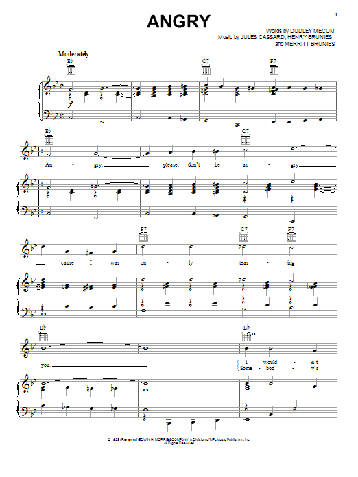 Rosemary Clooney Angry Sheet Music Notes & Chords for Piano, Vocal & Guitar (Right-Hand Melody) - Download or Print PDF