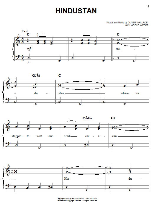 Rosemary Clooney Hindustan Sheet Music Notes & Chords for Easy Piano - Download or Print PDF