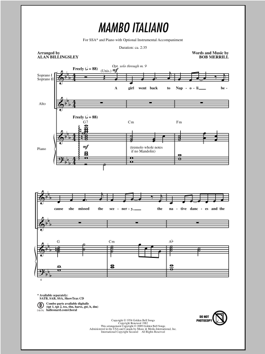 Bob Merrill Mambo Italiano (arr. Alan Billingsley) Sheet Music Notes & Chords for SSA - Download or Print PDF
