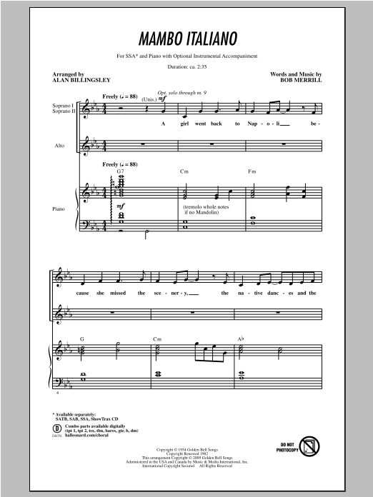 Bob Merrill Mambo Italiano (arr. Alan Billingsley) Sheet Music Notes & Chords for SAB - Download or Print PDF