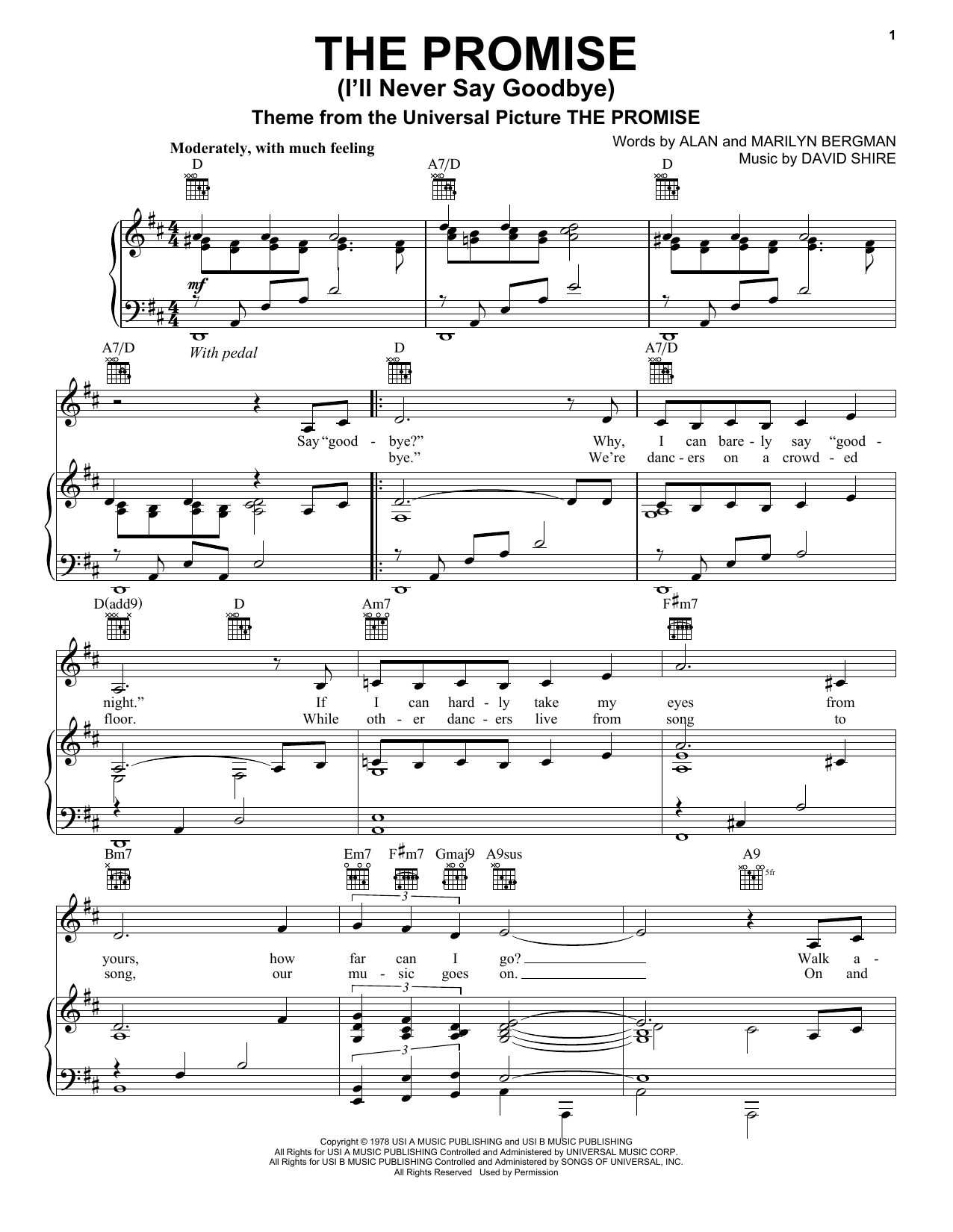 Rosemary Clooney The Promise (I'll Never Say Goodbye) Sheet Music Notes & Chords for Piano, Vocal & Guitar (Right-Hand Melody) - Download or Print PDF