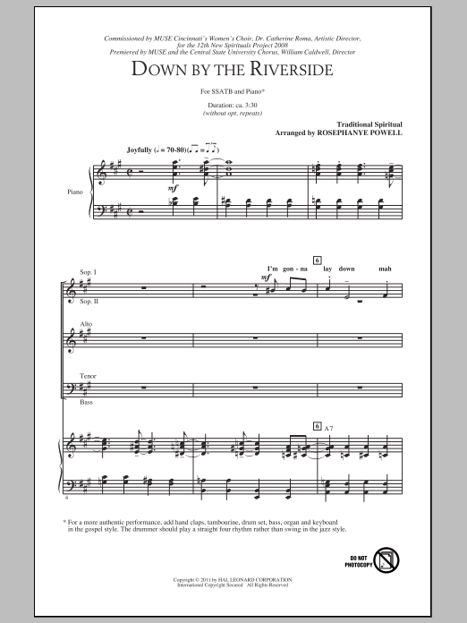 Traditional Spiritual Down By The Riverside (arr. Rosephanye Powell) Sheet Music Notes & Chords for SATB - Download or Print PDF
