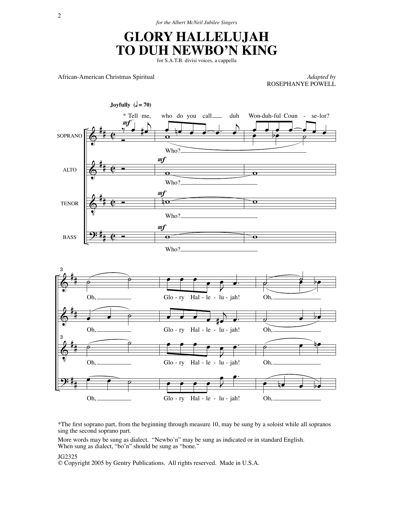 Rosephanye Powell Glory Hallelujah To Duh Newbo'n King! Sheet Music Notes & Chords for SATB Choir - Download or Print PDF