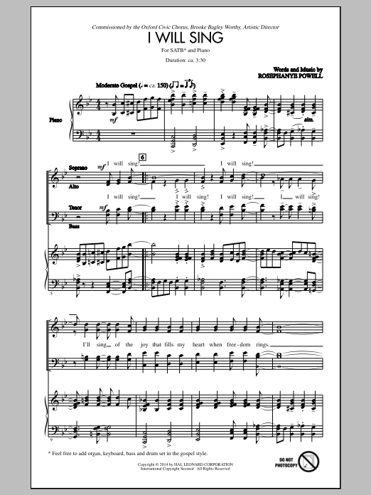 Rosephanye Powell I Will Sing Sheet Music Notes & Chords for SATB - Download or Print PDF