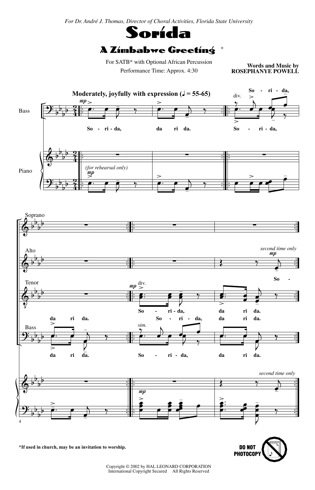 Rosephanye Powell Sorida (A Zimbabwe Greeting) Sheet Music Notes & Chords for SATB Choir - Download or Print PDF