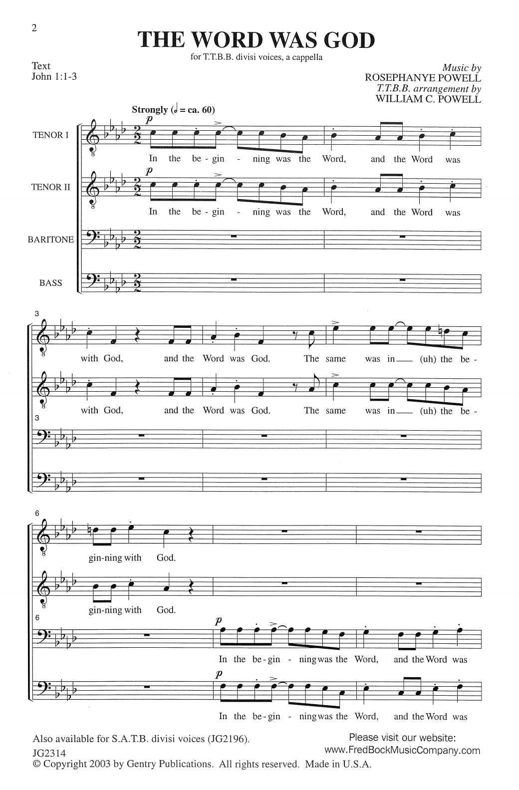 Rosephanye Powell The Word Was God (arr. William Powell) Sheet Music Notes & Chords for TTBB Choir - Download or Print PDF