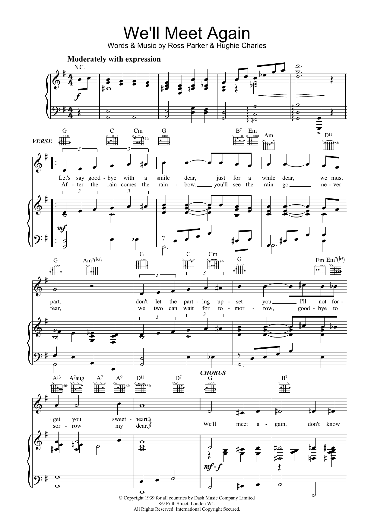 Hughie Charles We'll Meet Again Sheet Music Notes & Chords for Piano, Vocal & Guitar (Right-Hand Melody) - Download or Print PDF