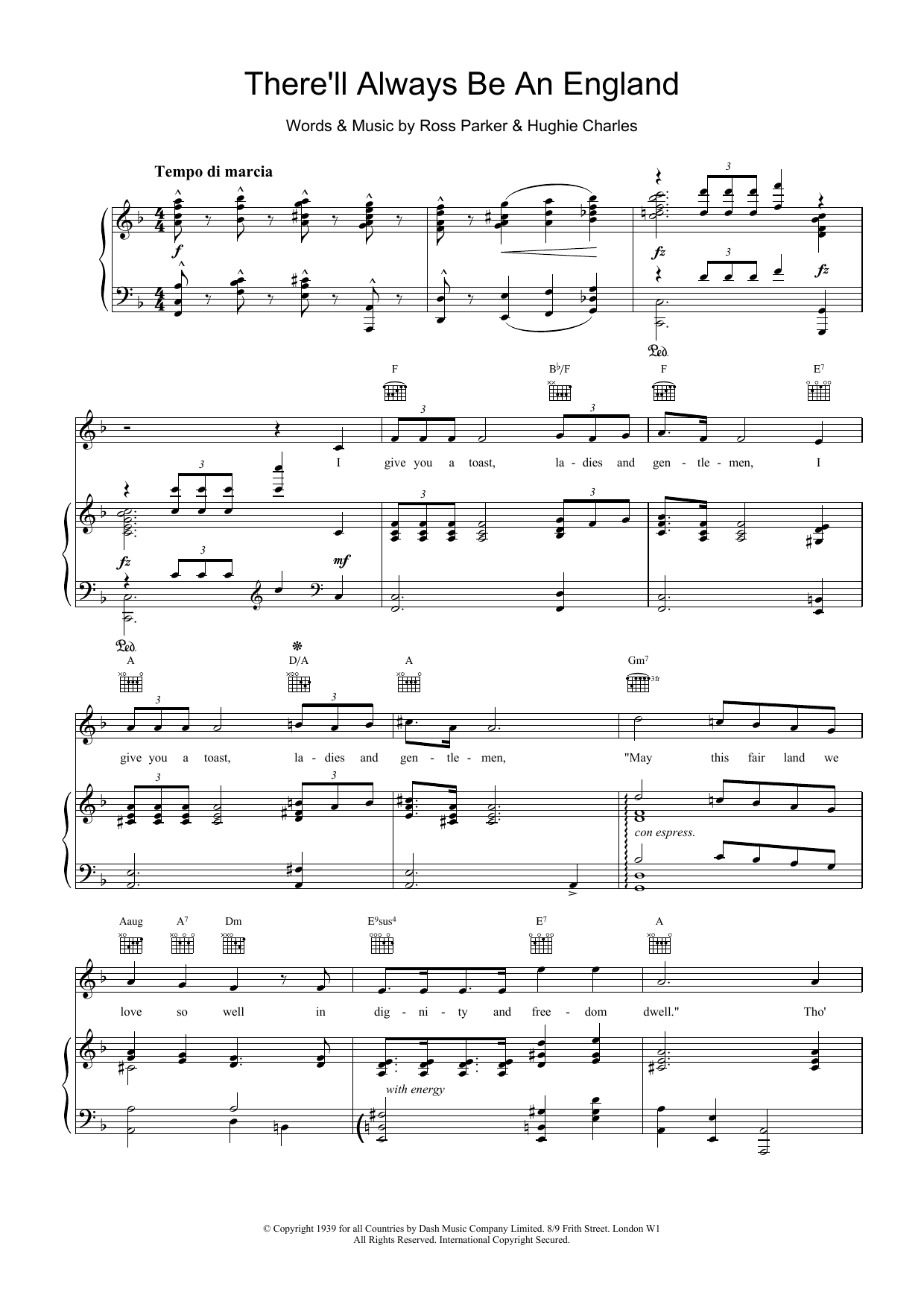 Ross Parker There'll Always Be An England Sheet Music Notes & Chords for Piano, Vocal & Guitar (Right-Hand Melody) - Download or Print PDF