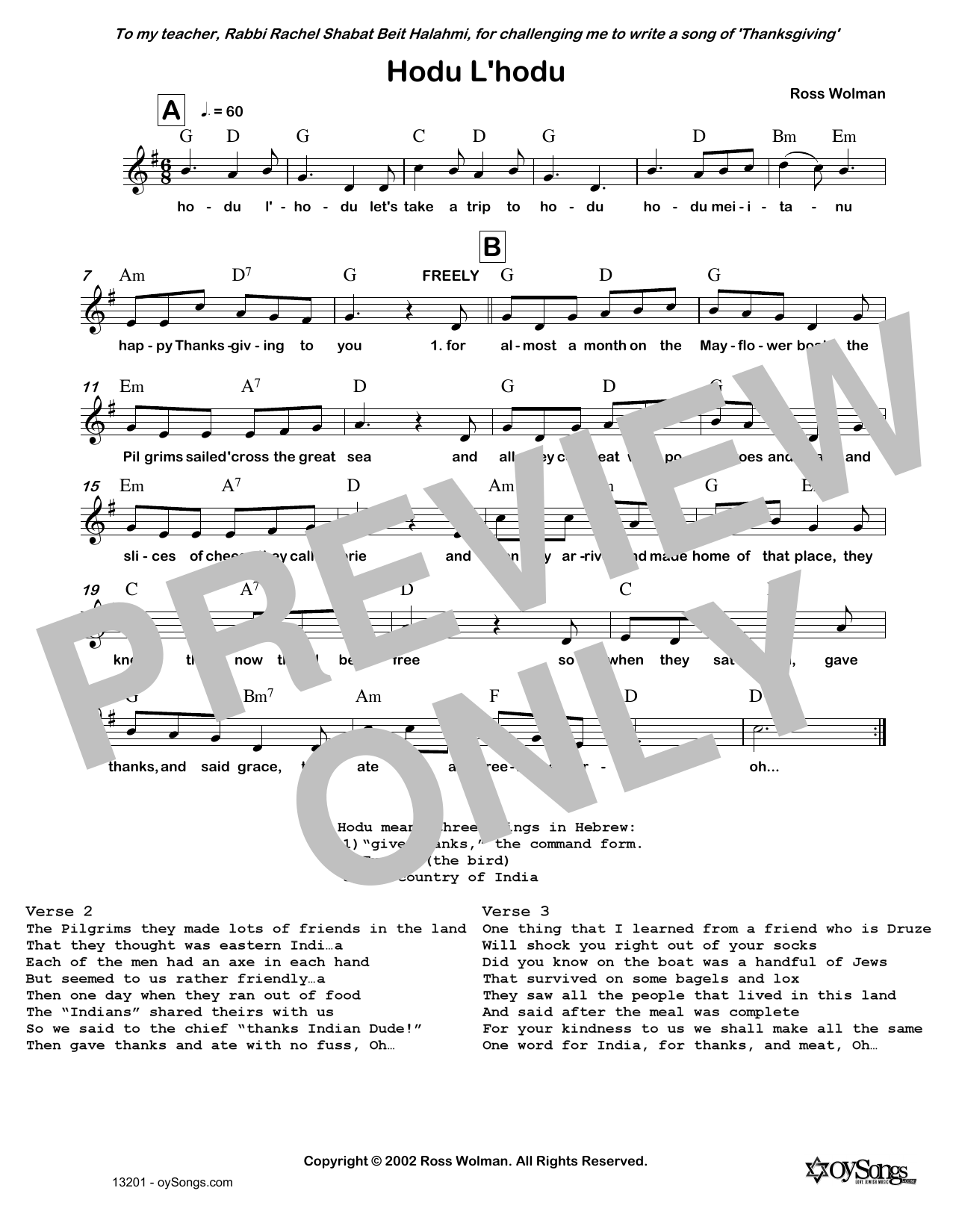 Ross Wolman Hodu L'hodu Sheet Music Notes & Chords for Melody Line, Lyrics & Chords - Download or Print PDF