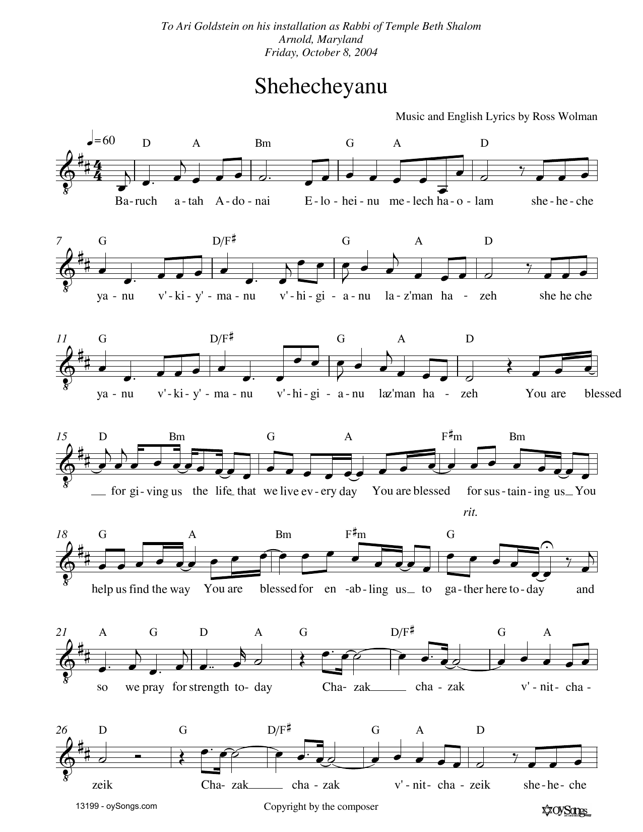 Ross Wolman Shehechaynu Sheet Music Notes & Chords for Melody Line, Lyrics & Chords - Download or Print PDF
