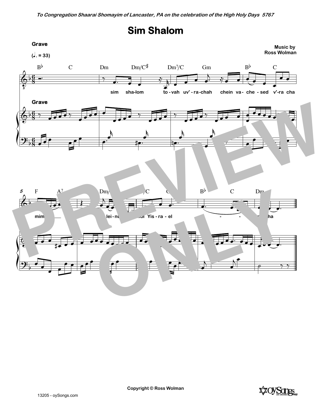 Ross Wolman Sim Shalom Sheet Music Notes & Chords for Piano, Vocal & Guitar (Right-Hand Melody) - Download or Print PDF