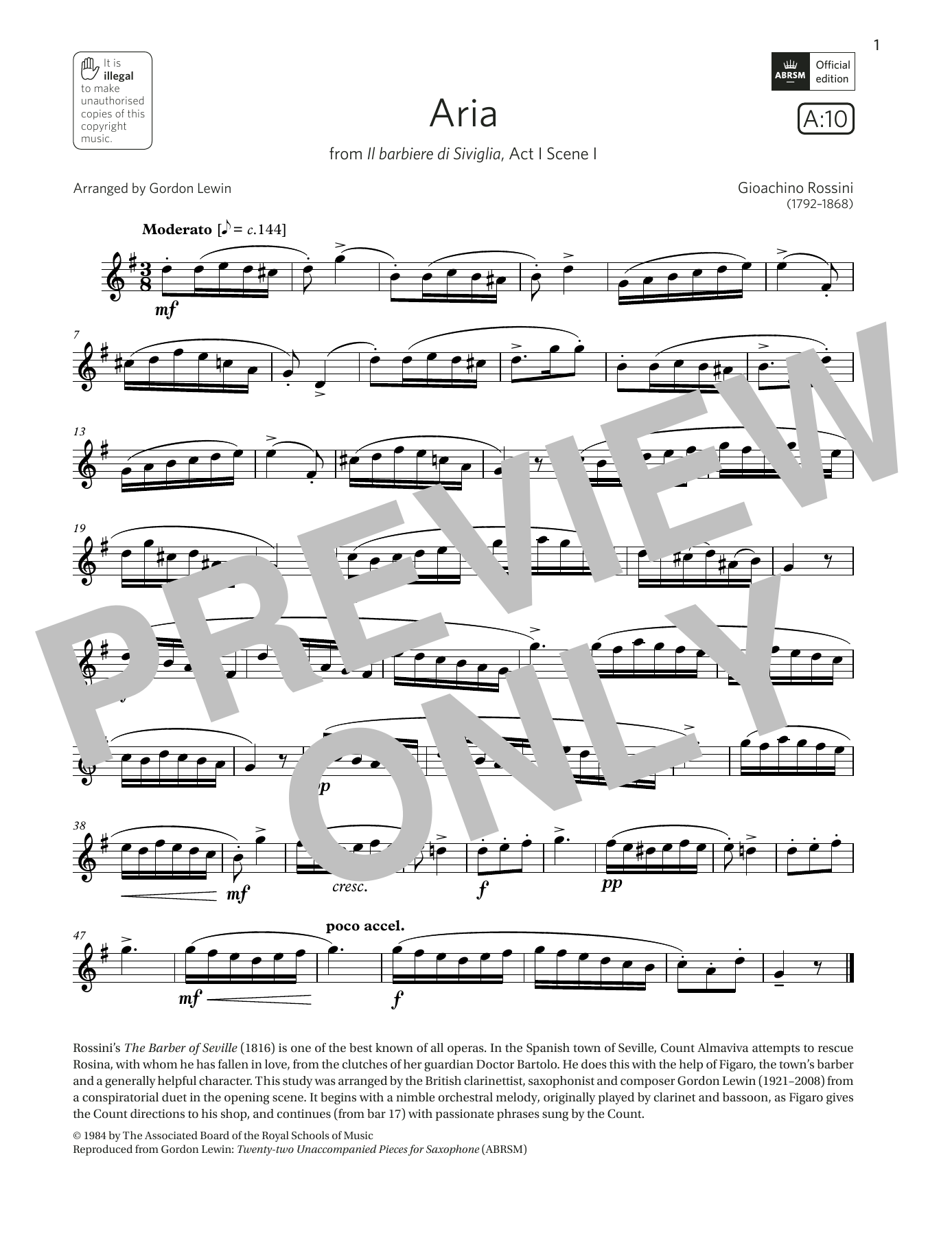 Rossini Aria (from Il barbiere di Siviglia) (Grade 5 List A10 from the ABRSM Saxophone syllabus from 2022) Sheet Music Notes & Chords for Alto Sax Solo - Download or Print PDF Rossini Aria (from Il barbiere di Siviglia) (Grade 5 List A10 from the ABRSM Saxophone syllabus from 2022) Sheet Music Notes & Chords for Alto Sax Solo - Download or Print PDF