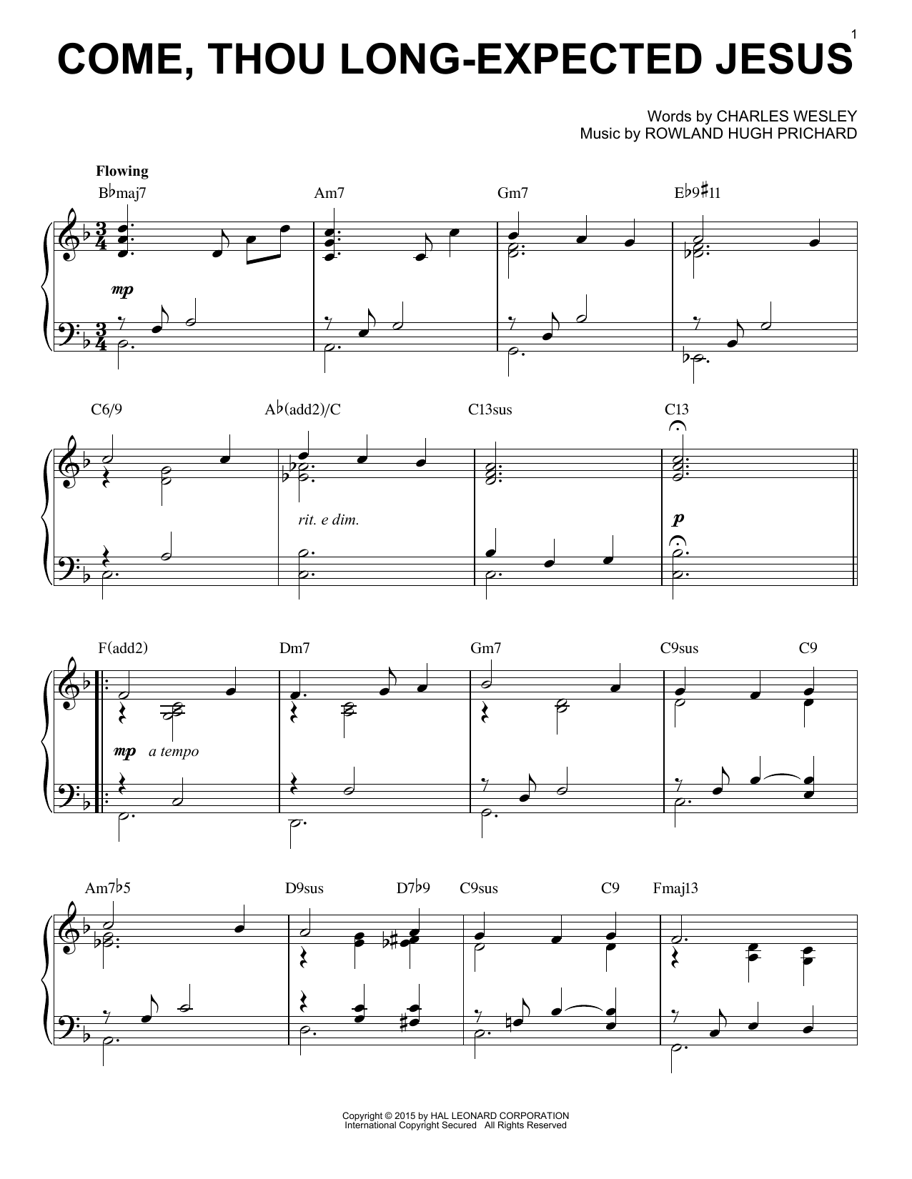 Rowland Hugh Prichard Come, Thou Long-Expected Jesus [Jazz version] (arr. Brent Edstrom) Sheet Music Notes & Chords for Piano - Download or Print PDF