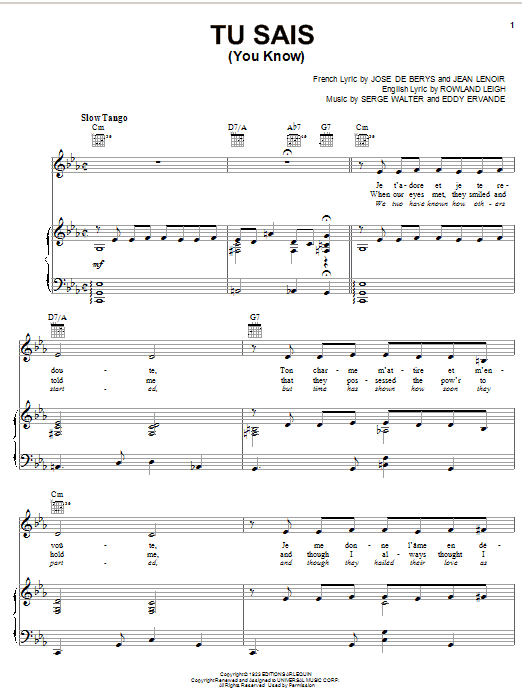 Rowland Leigh Tu Sais (You Know) Sheet Music Notes & Chords for Piano, Vocal & Guitar (Right-Hand Melody) - Download or Print PDF