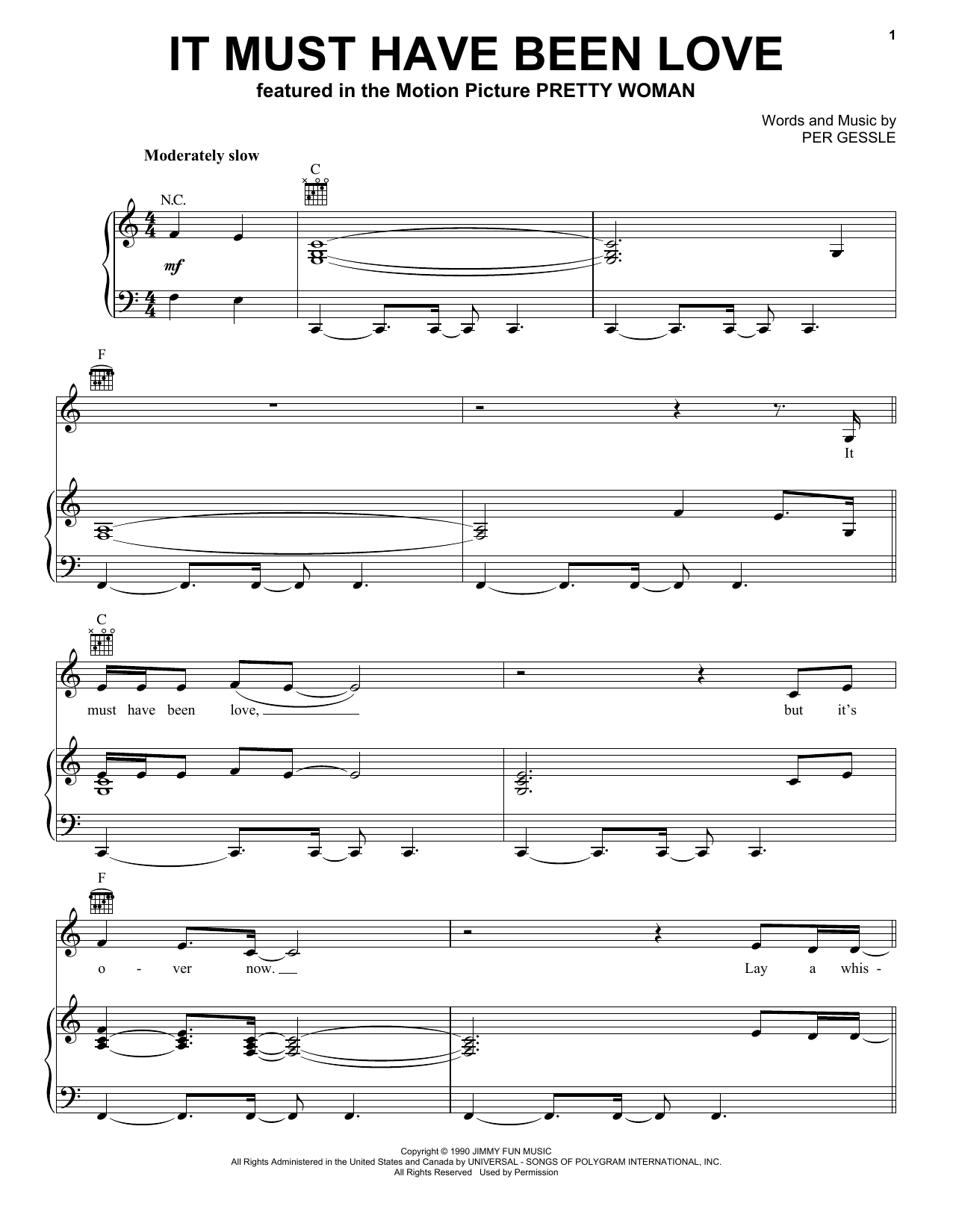 Roxette It Must Have Been Love Sheet Music Notes & Chords for Lyrics & Chords - Download or Print PDF