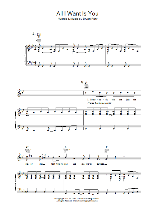 Roxy Music All I Want Is You Sheet Music Notes & Chords for Piano, Vocal & Guitar - Download or Print PDF