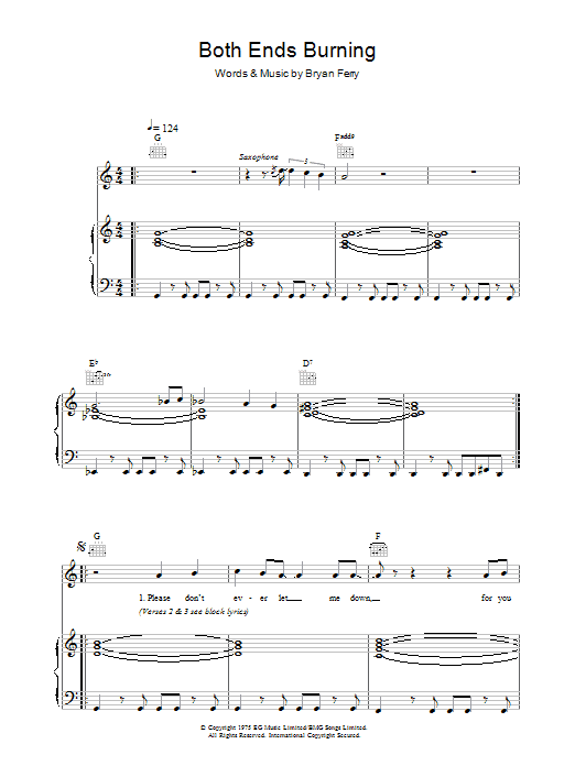 Roxy Music Both Ends Burning Sheet Music Notes & Chords for Piano, Vocal & Guitar - Download or Print PDF