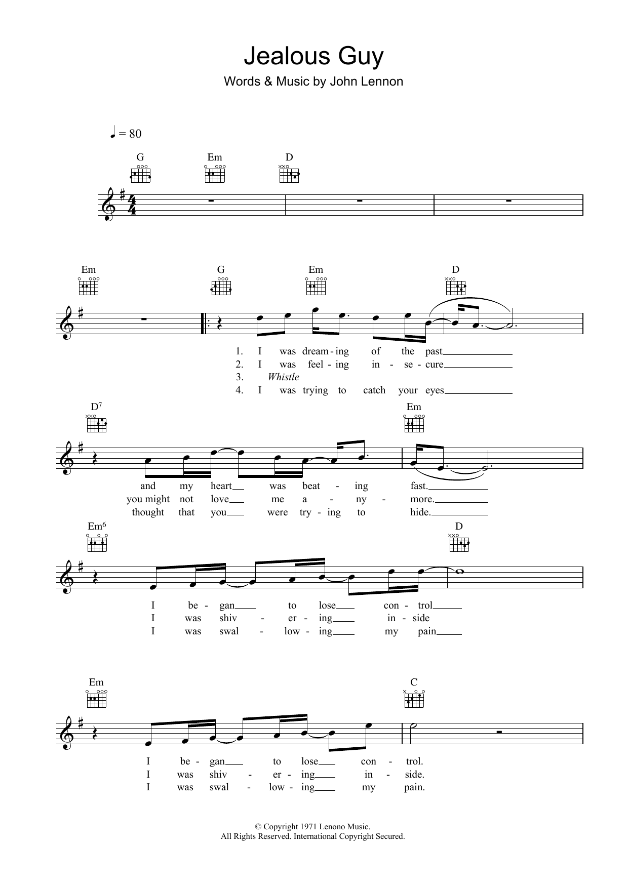 Roxy Music Jealous Guy Sheet Music Notes & Chords for Melody Line, Lyrics & Chords - Download or Print PDF