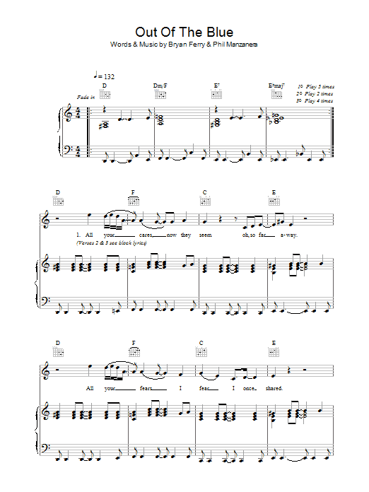 Roxy Music Out Of The Blue Sheet Music Notes & Chords for Piano, Vocal & Guitar - Download or Print PDF