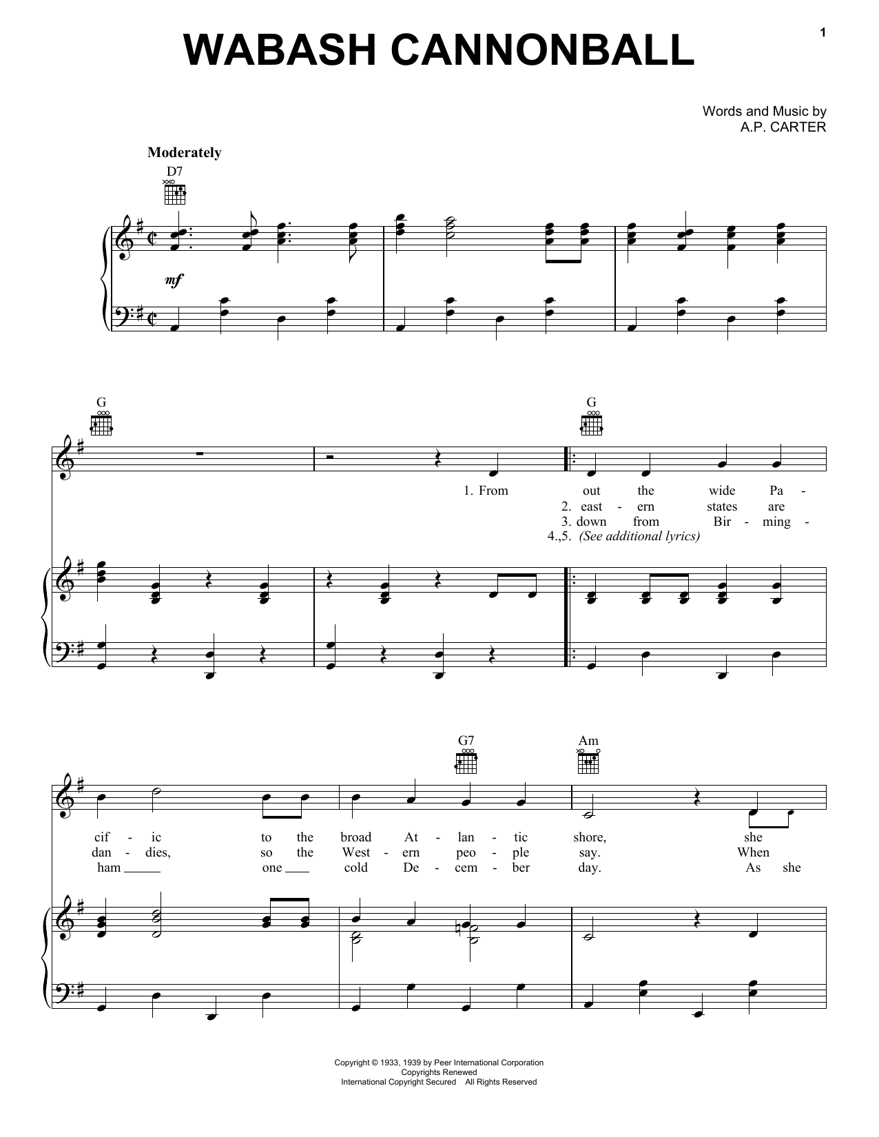 Roy Acuff Wabash Cannonball Sheet Music Notes & Chords for Piano, Vocal & Guitar (Right-Hand Melody) - Download or Print PDF