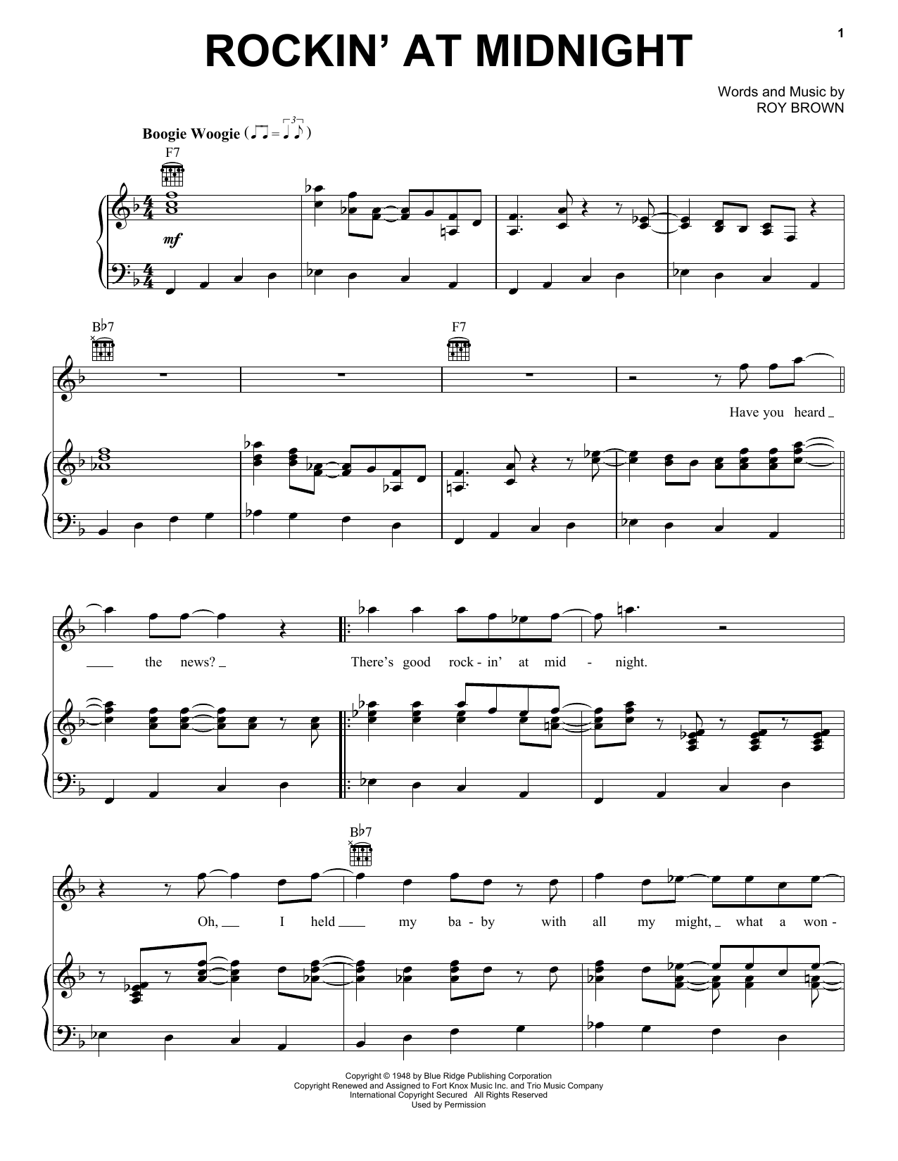 Roy Brown Rockin' At Midnight Sheet Music Notes & Chords for Piano, Vocal & Guitar Chords (Right-Hand Melody) - Download or Print PDF