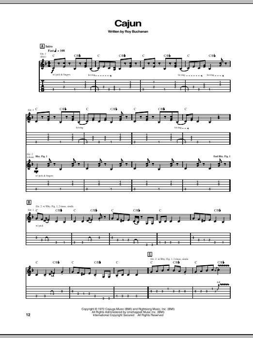 Roy Buchanan Cajun Sheet Music Notes & Chords for Guitar Tab - Download or Print PDF