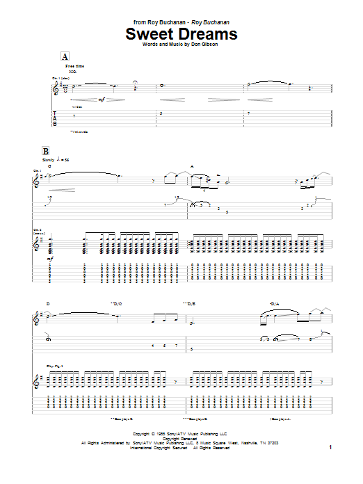 Roy Buchanan Sweet Dreams Sheet Music Notes & Chords for Guitar Tab - Download or Print PDF Roy Buchanan Sweet Dreams Sheet Music Notes & Chords for Guitar Tab - Download or Print PDF