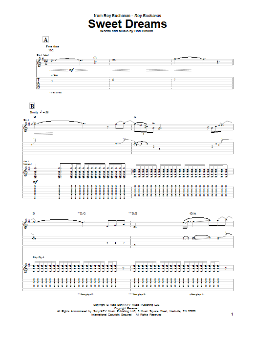 Roy Buchanan Sweet Dreams Sheet Music Notes & Chords for Guitar Tab - Download or Print PDF