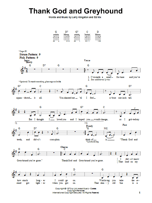 Roy Clark Thank God And Greyhound Sheet Music Notes & Chords for Piano, Vocal & Guitar (Right-Hand Melody) - Download or Print PDF