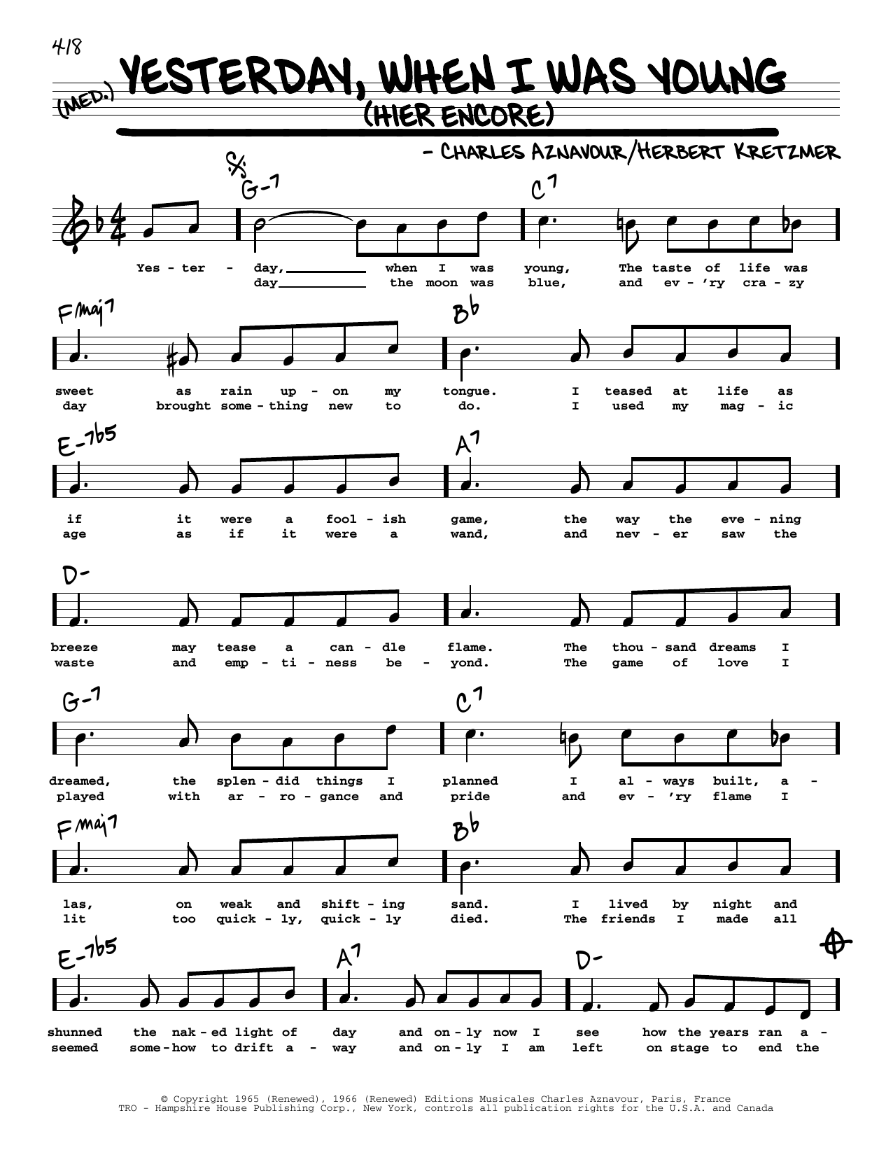 Roy Clark Yesterday, When I Was Young (Hier Encore) (High Voice) Sheet Music Notes & Chords for Real Book – Melody, Lyrics & Chords - Download or Print PDF