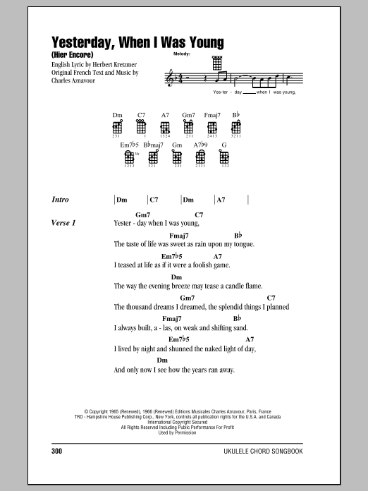 Roy Clark Yesterday, When I Was Young (Hier Encore) Sheet Music Notes & Chords for Melody Line, Lyrics & Chords - Download or Print PDF