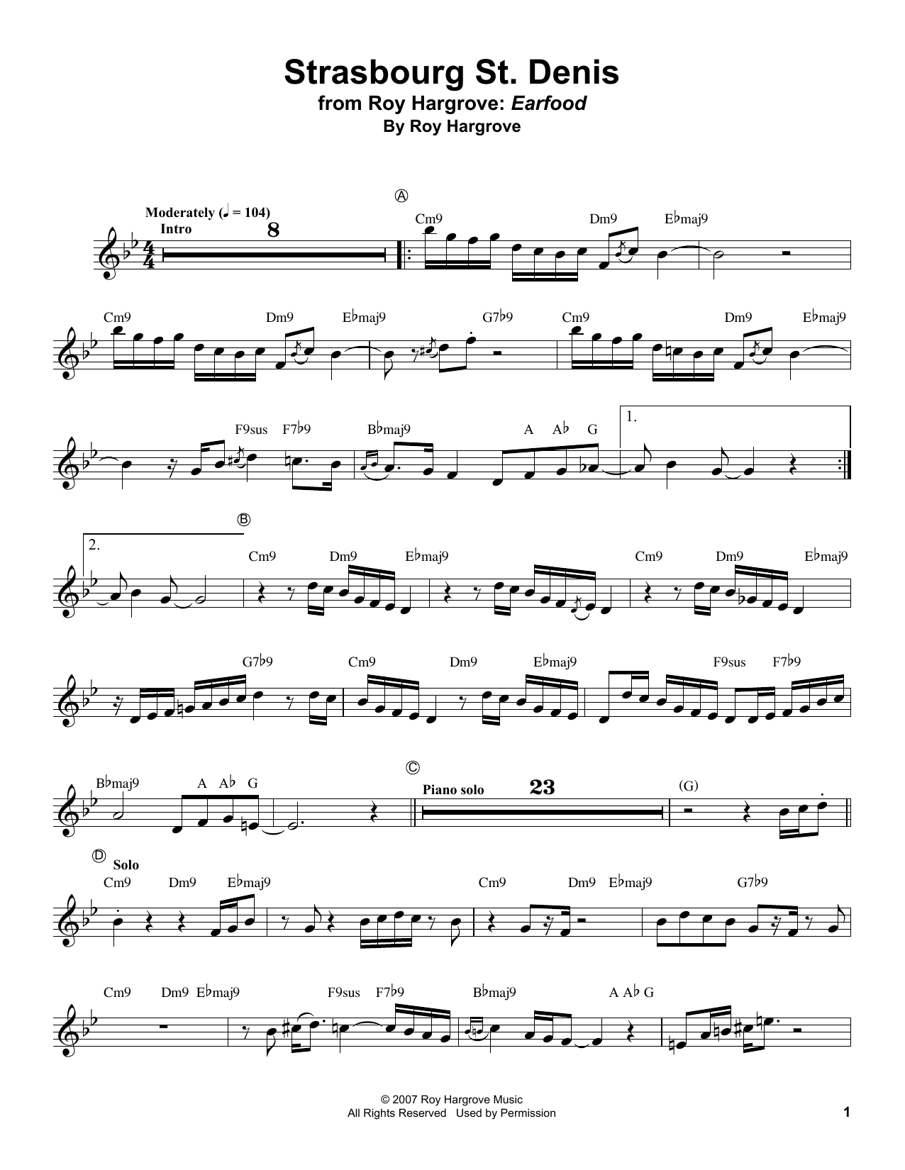 Roy Hargrove Strasbourg / St. Denis Sheet Music Notes & Chords for Trumpet Transcription - Download or Print PDF