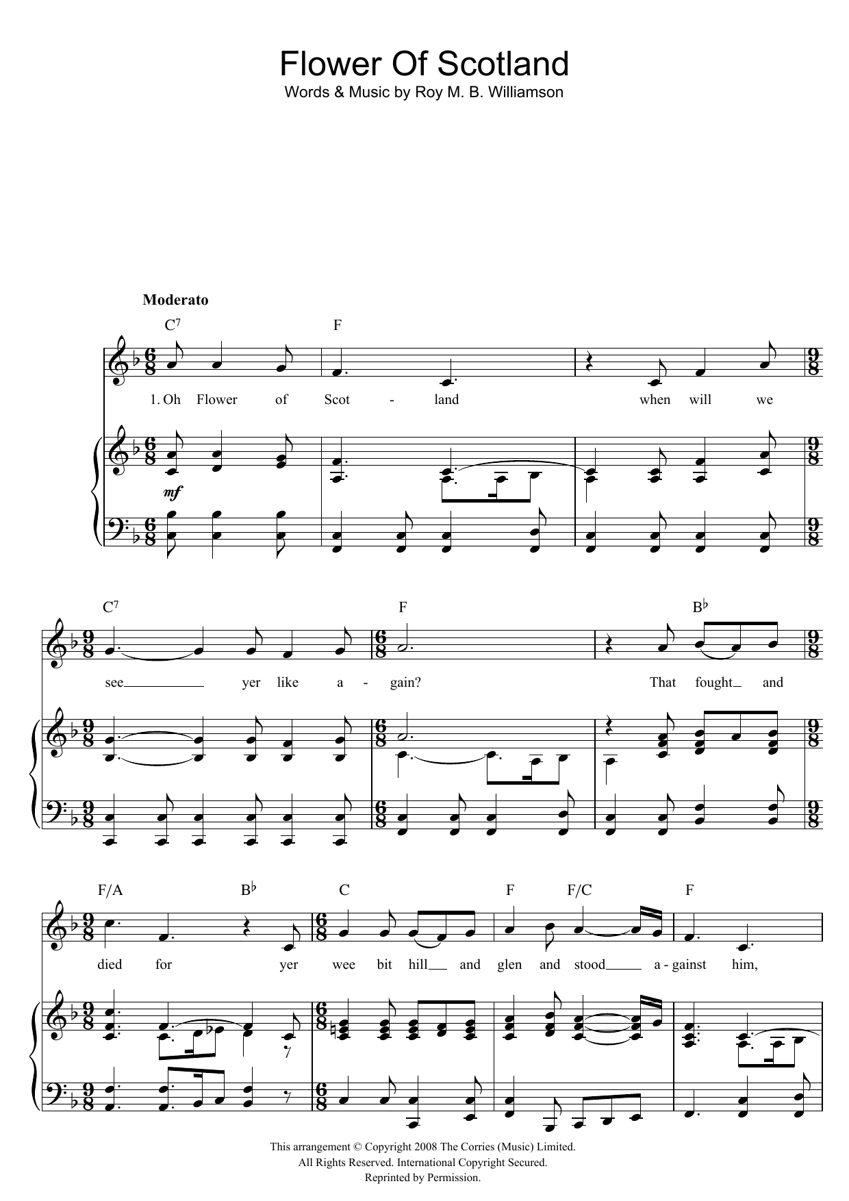 Roy M. B. Williamson Flower Of Scotland (Unofficial Scottish National Anthem) Sheet Music Notes & Chords for Piano, Vocal & Guitar (Right-Hand Melody) - Download or Print PDF