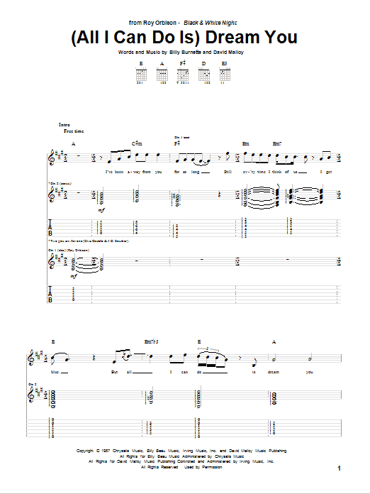 Roy Orbison (All I Can Do Is) Dream You Sheet Music Notes & Chords for Piano, Vocal & Guitar (Right-Hand Melody) - Download or Print PDF
