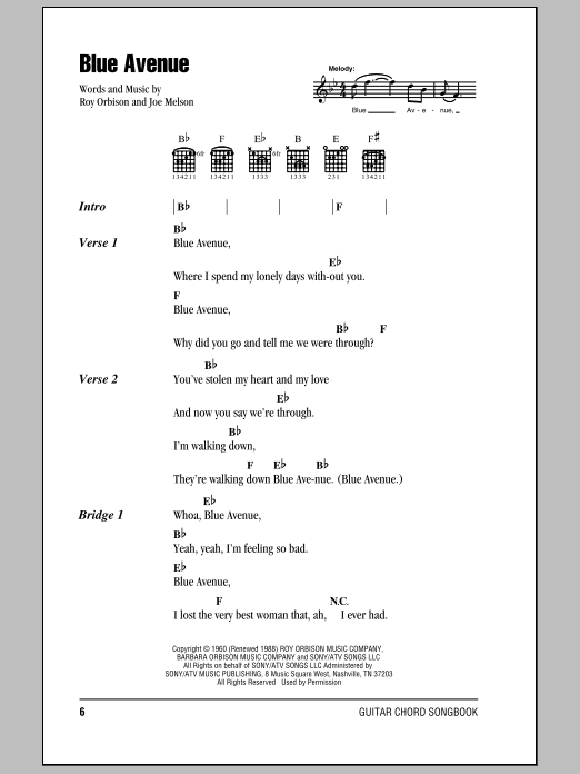 Roy Orbison Blue Avenue Sheet Music Notes & Chords for Lyrics & Chords - Download or Print PDF