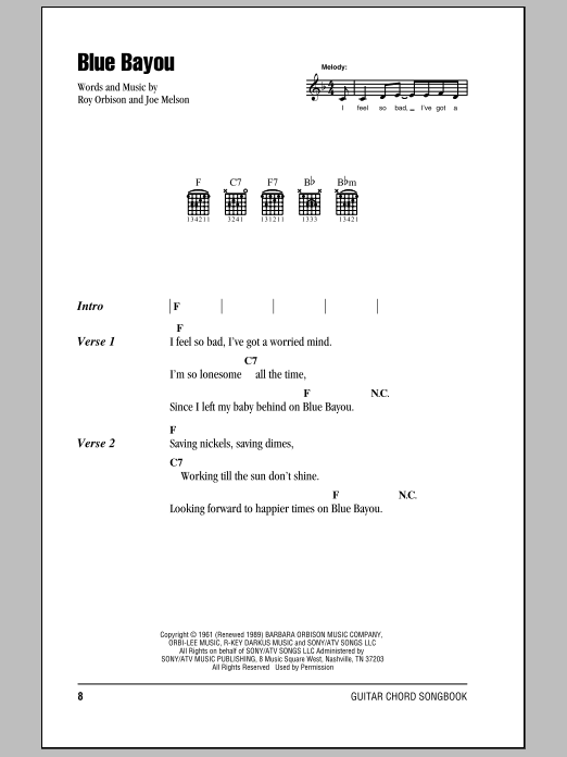 Roy Orbison Blue Bayou Sheet Music Notes & Chords for Piano, Vocal & Guitar (Right-Hand Melody) - Download or Print PDF