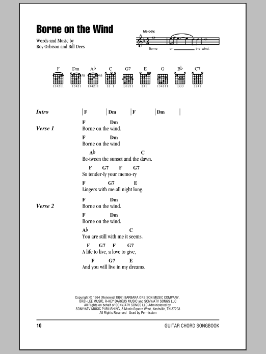 Roy Orbison Borne On The Wind Sheet Music Notes & Chords for Lyrics & Chords - Download or Print PDF