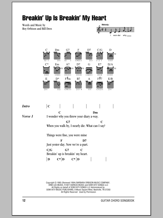 Roy Orbison Breakin' Up Is Breakin' My Heart Sheet Music Notes & Chords for Lyrics & Chords - Download or Print PDF