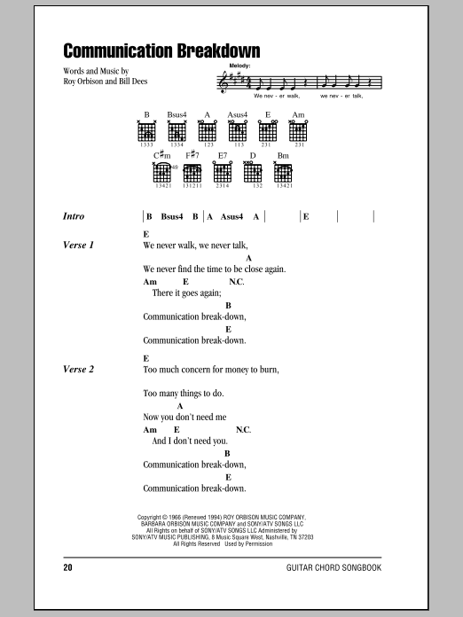 Roy Orbison Communication Breakdown Sheet Music Notes & Chords for Lyrics & Chords - Download or Print PDF