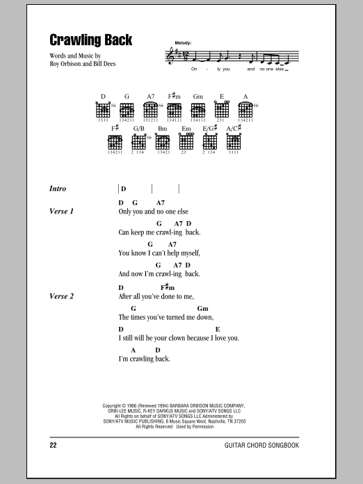 Roy Orbison Crawling Back Sheet Music Notes & Chords for Lyrics & Chords - Download or Print PDF Roy Orbison Crawling Back Sheet Music Notes & Chords for Lyrics & Chords - Download or Print PDF