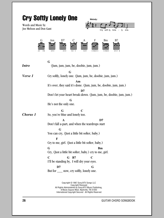 Roy Orbison Cry Softly Lonely One Sheet Music Notes & Chords for Lyrics & Chords - Download or Print PDF