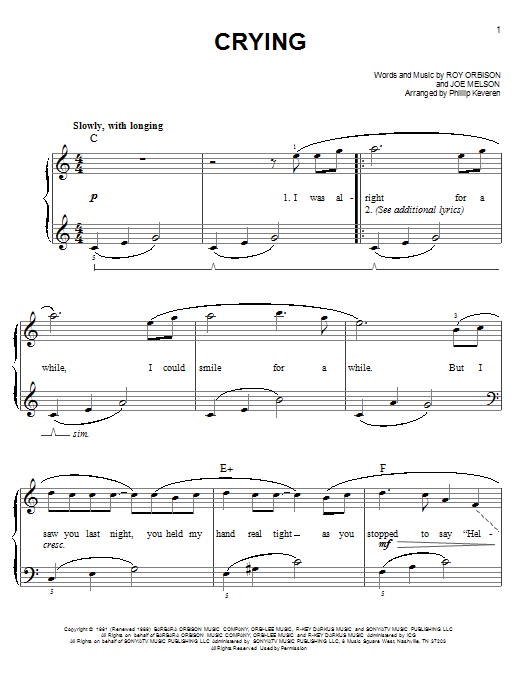 Roy Orbison Crying Sheet Music Notes & Chords for Easy Piano - Download or Print PDF