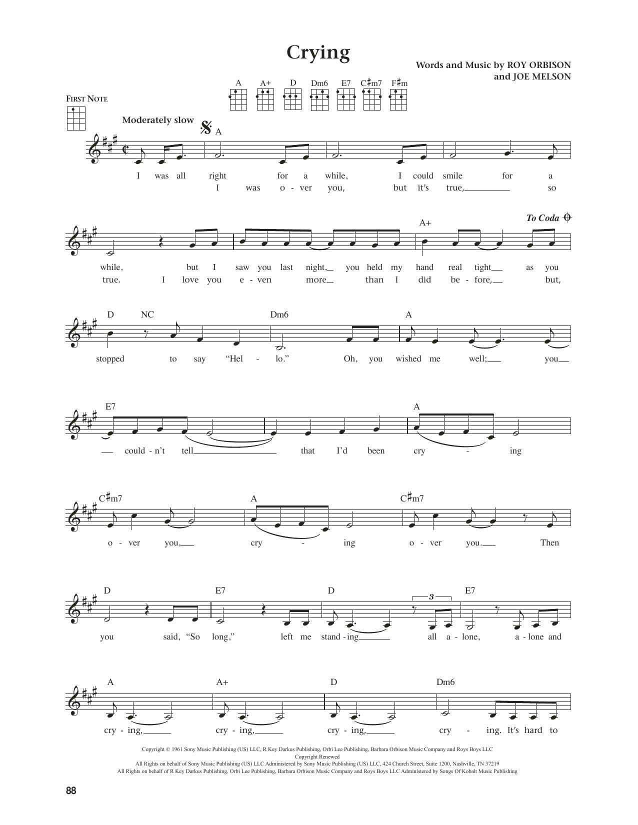 Roy Orbison Crying (from The Daily Ukulele) (arr. Jim Beloff) Sheet Music Notes & Chords for Ukulele - Download or Print PDF