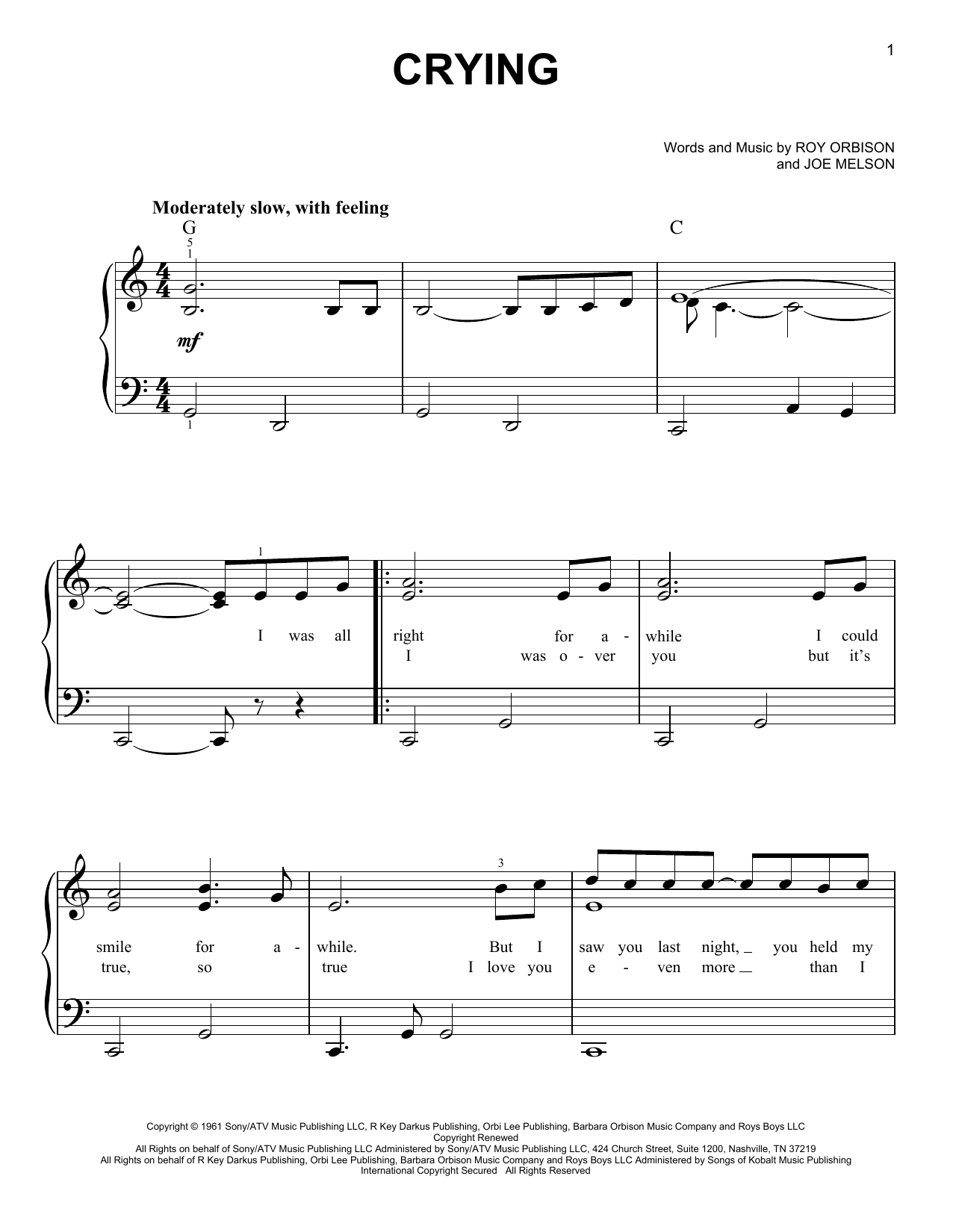 Roy Orbison Crying Sheet Music Notes & Chords for Clarinet Solo - Download or Print PDF