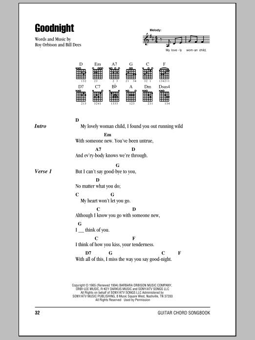 Roy Orbison Goodnight Sheet Music Notes & Chords for Lyrics & Chords - Download or Print PDF