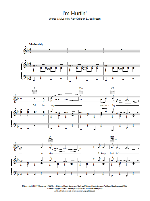 Roy Orbison I'm Hurtin' Sheet Music Notes & Chords for Piano, Vocal & Guitar (Right-Hand Melody) - Download or Print PDF