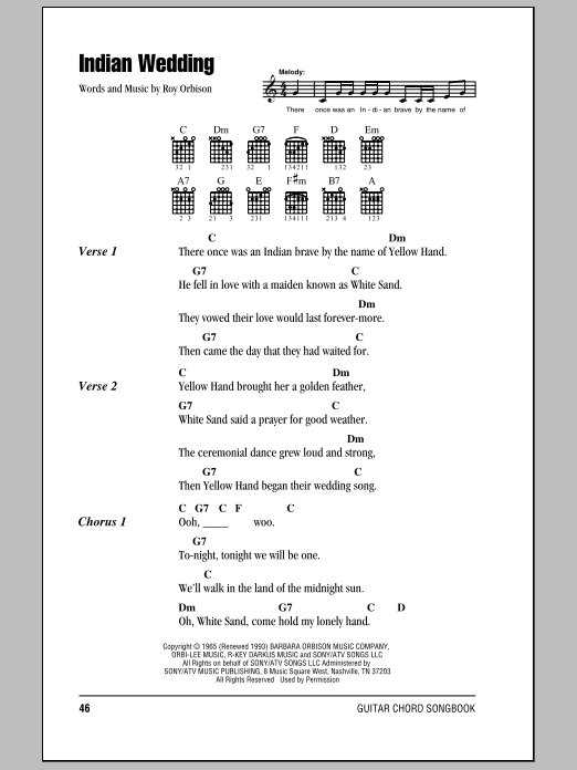 Roy Orbison Indian Wedding Sheet Music Notes & Chords for Lyrics & Chords - Download or Print PDF