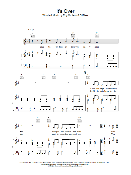 Roy Orbison It's Over Sheet Music Notes & Chords for Piano, Vocal & Guitar (Right-Hand Melody) - Download or Print PDF