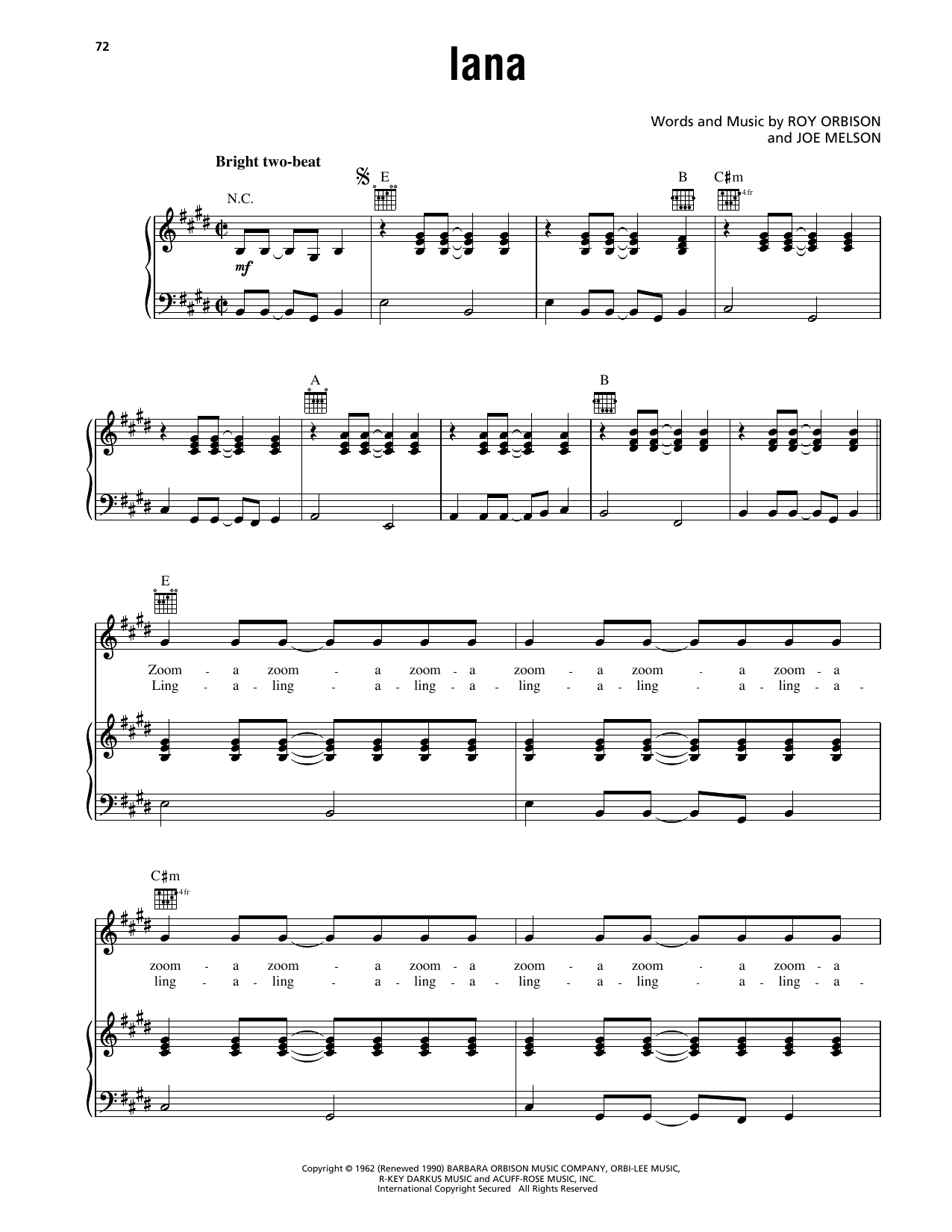 Roy Orbison Lana Sheet Music Notes & Chords for Piano, Vocal & Guitar Chords (Right-Hand Melody) - Download or Print PDF