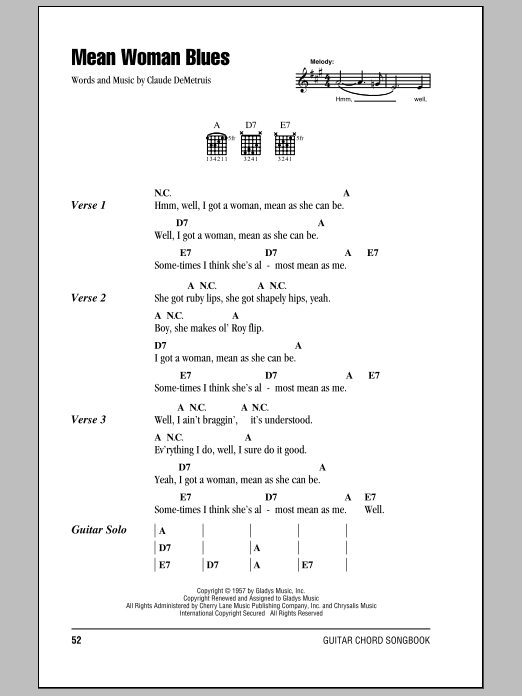 Roy Orbison Mean Woman Blues Sheet Music Notes & Chords for Lyrics & Chords - Download or Print PDF